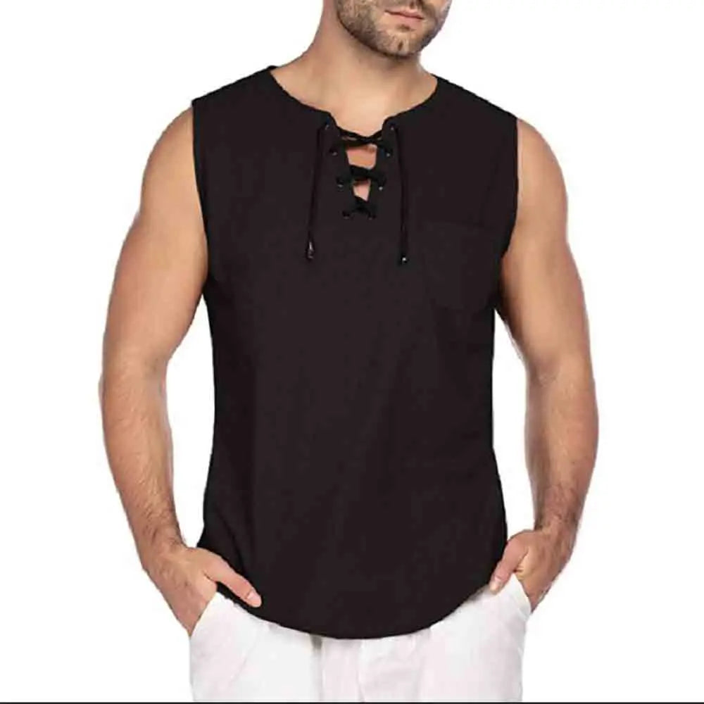 New Mens Summer Tank Tops Cotton Linen Vest Casual Sleeveless Tees Loose Lace Up O-Neck Tops Streetwear