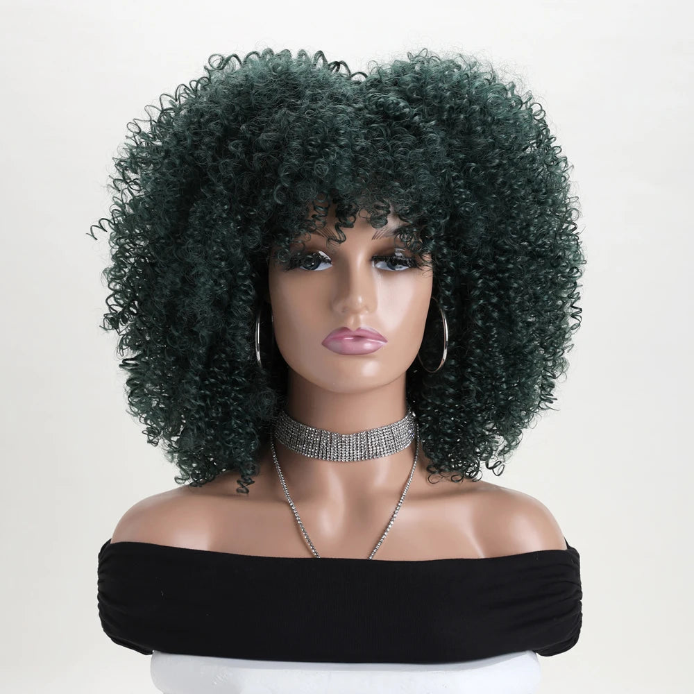 16 Inch Afro Kinky Curly Hair Wigs With Bangs Soft Fluffy Synthetic Fiber None Lace Wigs For Party Cosplay Daily Use