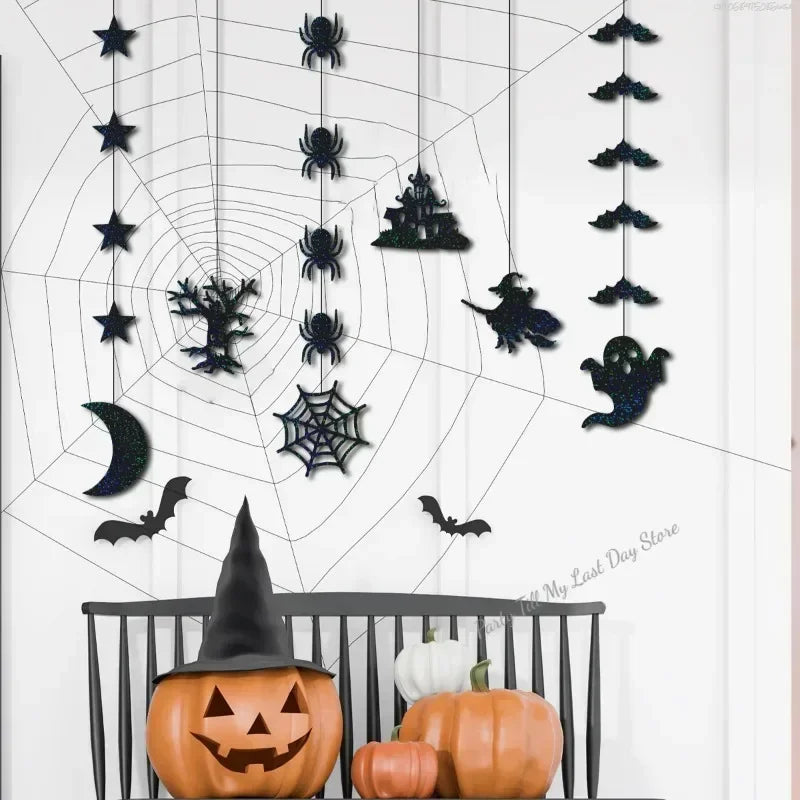 6pcs Halloween Hanging Banner Garland Scary Spider Witch Ghost Bat Pendant Ornament Happy Halloween Party Decorations for Home