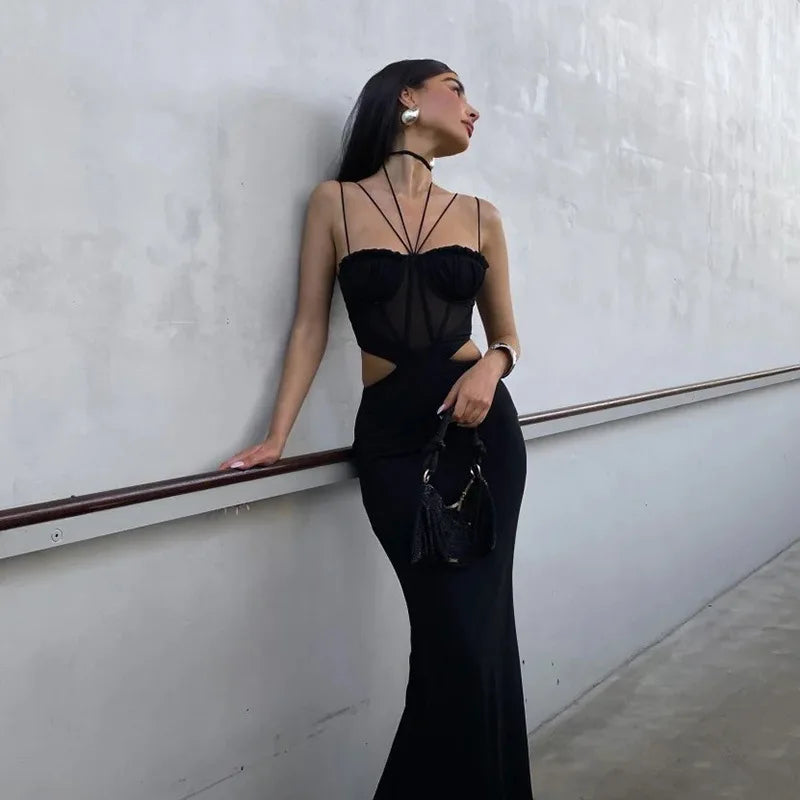 Spaghetti Strap Cut Out Long Dress Elegant Corset Evening Party Dress For Women Backless Sheer Bodycon Maxi Dress Black