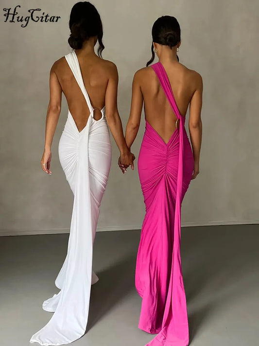 Citar One Shoulder Backless Adjustable Scarf Loop Sexy Maxi Dress