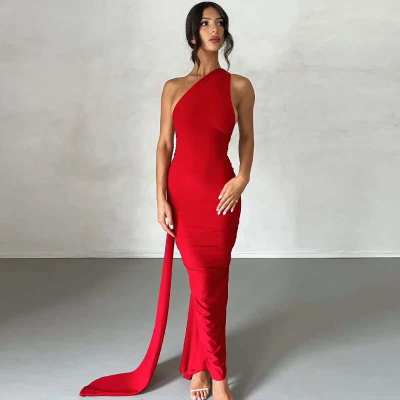 Citar One Shoulder Backless Adjustable Scarf Loop Sexy Maxi Dress