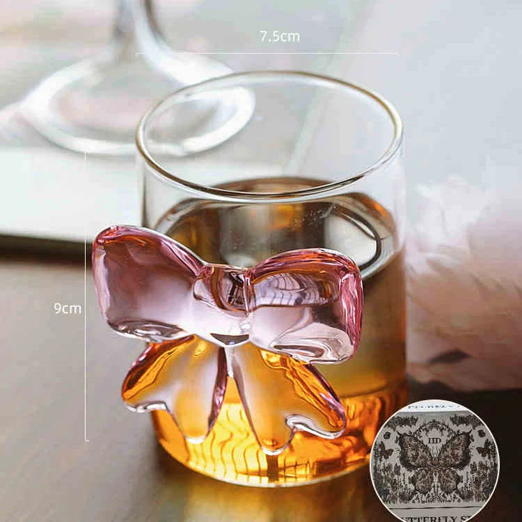 Glass Goblet 3D Pink Bow Teacup Cocktail Mug Dessert Milkshake Glasses French Girl Elegant Afternoon Tea Cup Red Wine Cup Gift