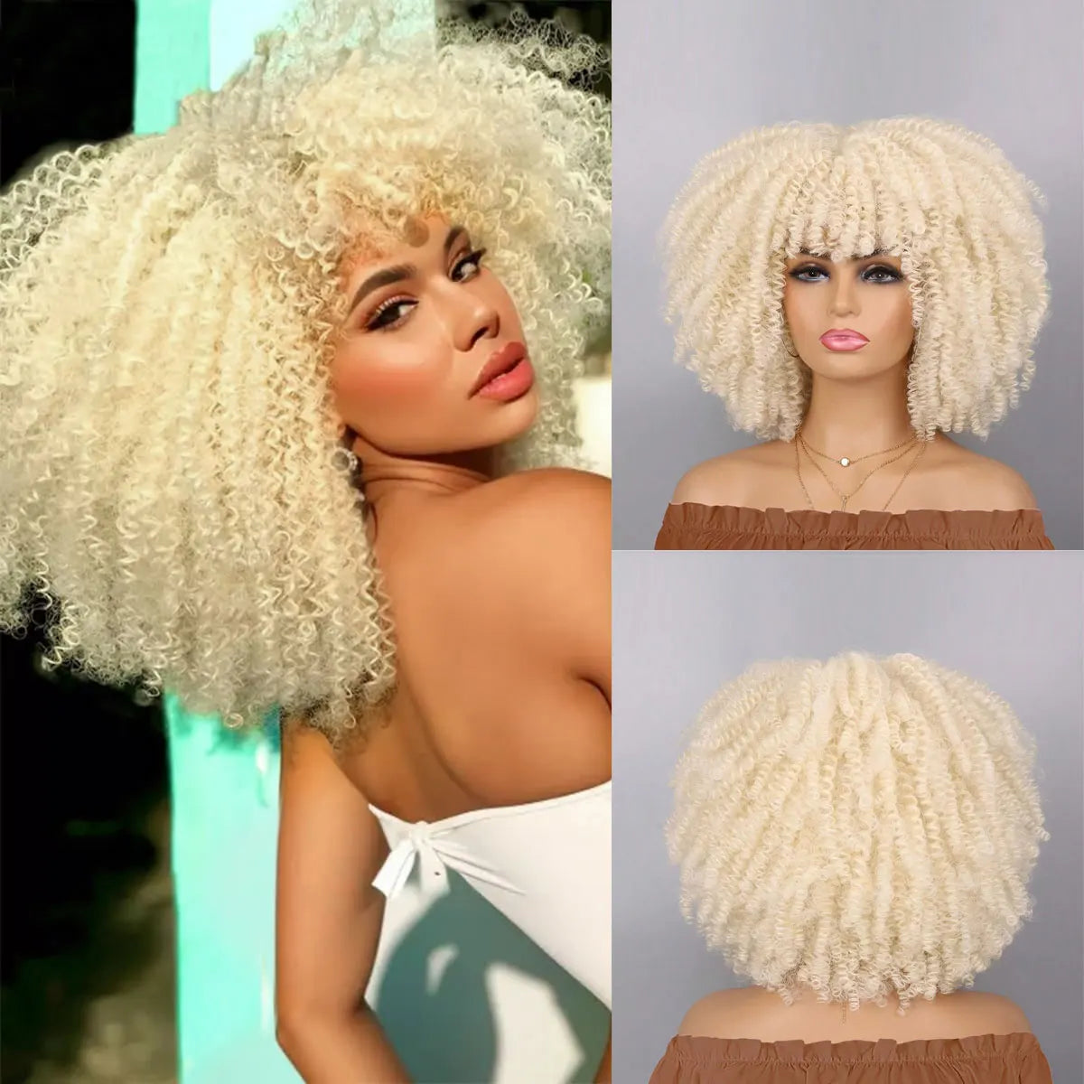 Synthetic Short Afro Kinky Curly Wig With Bangs For Black Women High Temperature Daily Party Headgear with Clips Cosplay