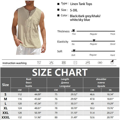 New Mens Summer Tank Tops Cotton Linen Vest Casual Sleeveless Tees Loose Lace Up O-Neck Tops Streetwear