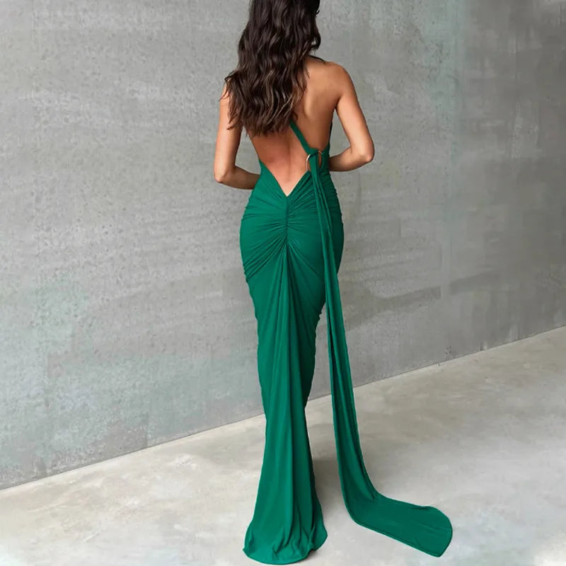 Citar One Shoulder Backless Adjustable Scarf Loop Sexy Maxi Dress