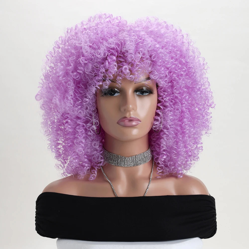 16 Inch Afro Kinky Curly Hair Wigs With Bangs Soft Fluffy Synthetic Fiber None Lace Wigs For Party Cosplay Daily Use