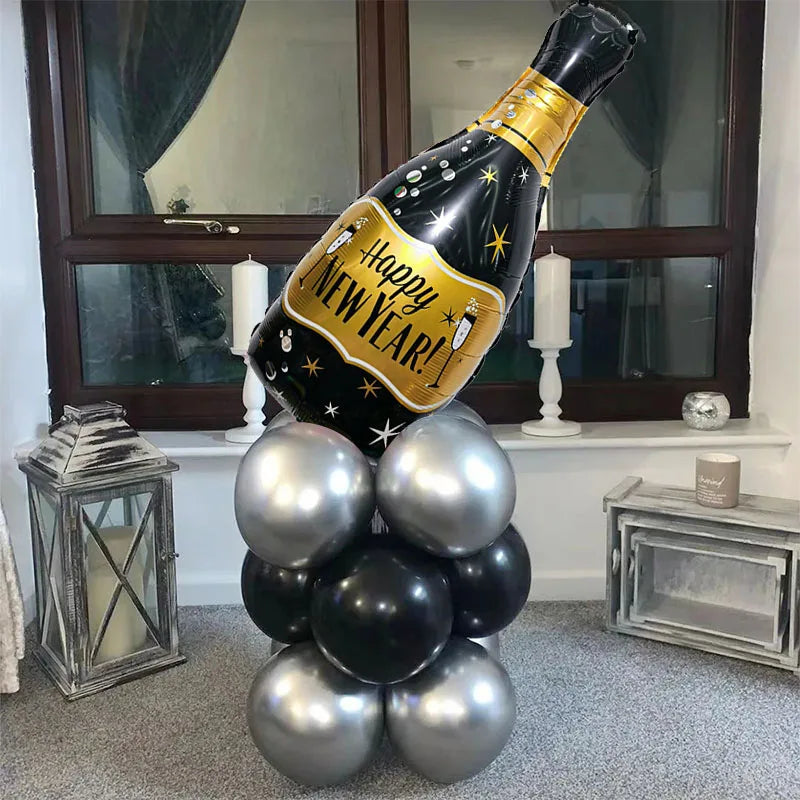 Black Gold Big Wine Bottle Foil Latex Balloons Christmas Decorations For Home Happy New Year 2025 Xmas Eve Party Globos Supplies