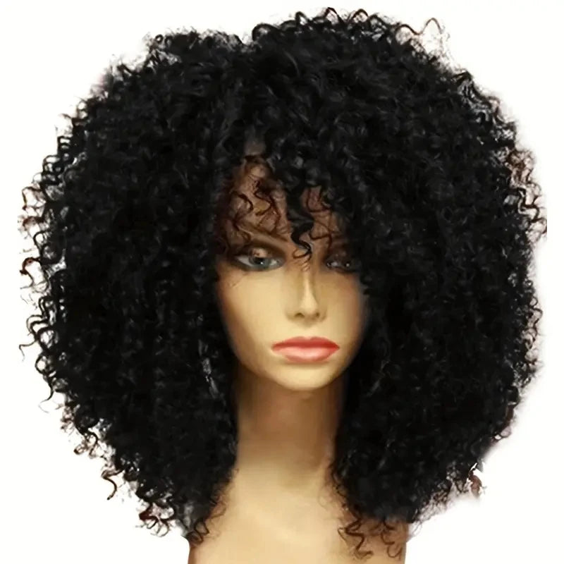 16 Inch Afro Kinky Curly Hair Wigs With Bangs Soft Fluffy Synthetic Fiber None Lace Wigs For Party Cosplay Daily Use