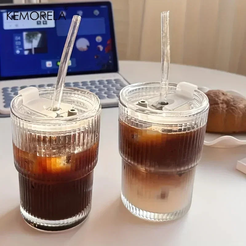 1PCS 400ml Stripe Glass Cup Transparent Glasses With Lid and Straw Ice Coffee Mug Tea Cup Juice Glass Milk Water Cup Drinkware