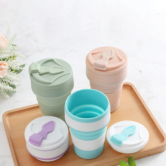 350ML Food-Grade Silicone Folding Cup, With Lid, Reusable Portable Coffee Cup, Hot Drink ,Suitable For Travel And Camping