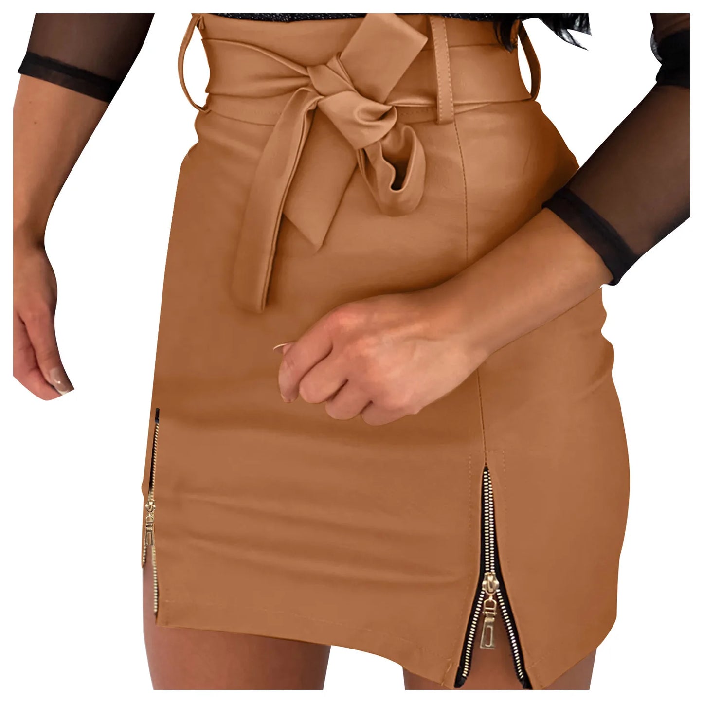 Sexy High Waist PU Leather Skirts With Sashes Ladies Zipper Slit Pencil Mini Skirt Faldas Fashion Women Bodycon Skirts юбка