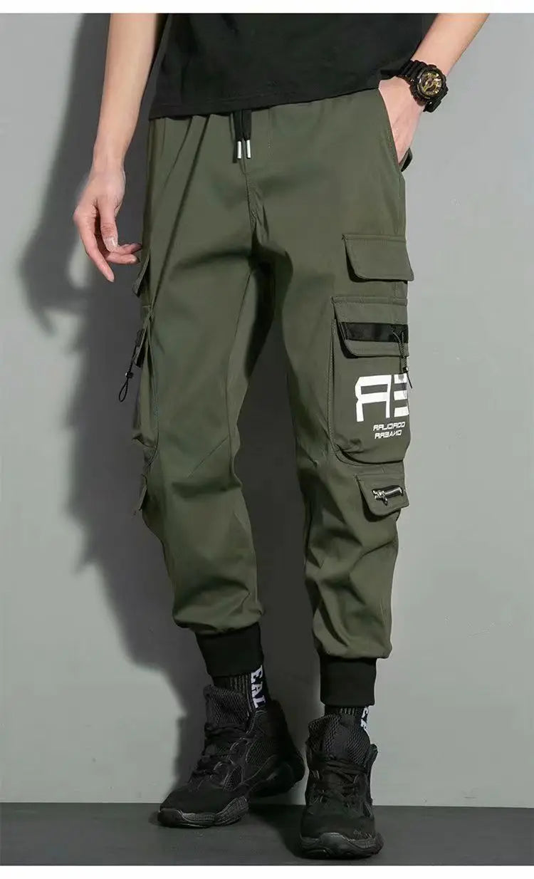 Thin Streetwear Casual Pants Men Ribbons Harem Jogging Pants Male Slim Fit Spring Cargo Pants Multi-Pockets Women Trouser