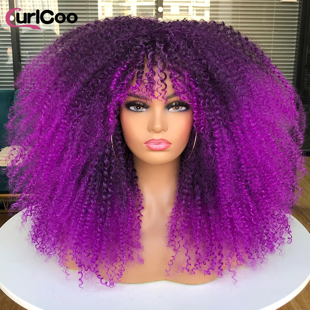 Curly Wig With Bangs Afro Curly Wigs for Black Women Synthetic Fiber Fluffy Long Curly Wig for Daily Party Cosplay