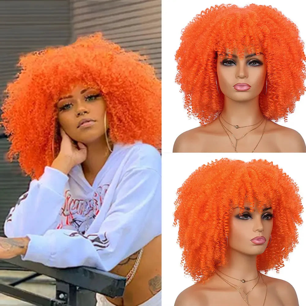 Synthetic Short Afro Kinky Curly Wig With Bangs For Black Women High Temperature Daily Party Headgear with Clips Cosplay