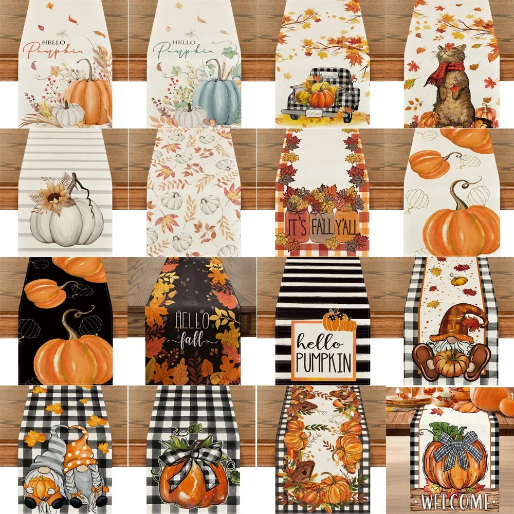 Autumn Thanksgiving Table Runner Linen Buffalo Plaid Pumpkins Mushrooms Dining Table Decoration Indoor Outdoor Tablecloth