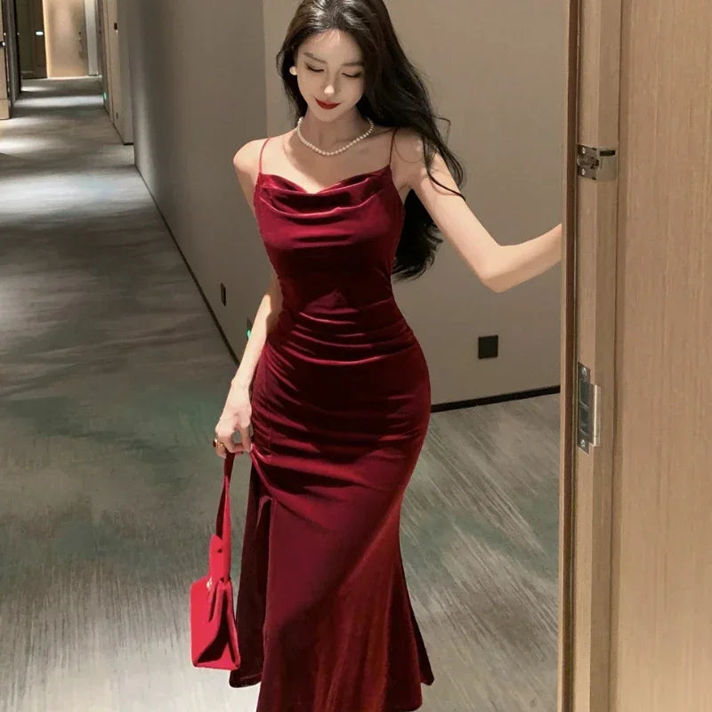 Vintage Sexy Club Prom Red Dresses for Women Spaghetti Strap Slit Velvet Dress Beach Bandage Bodycon Midi Dress Party Elegant