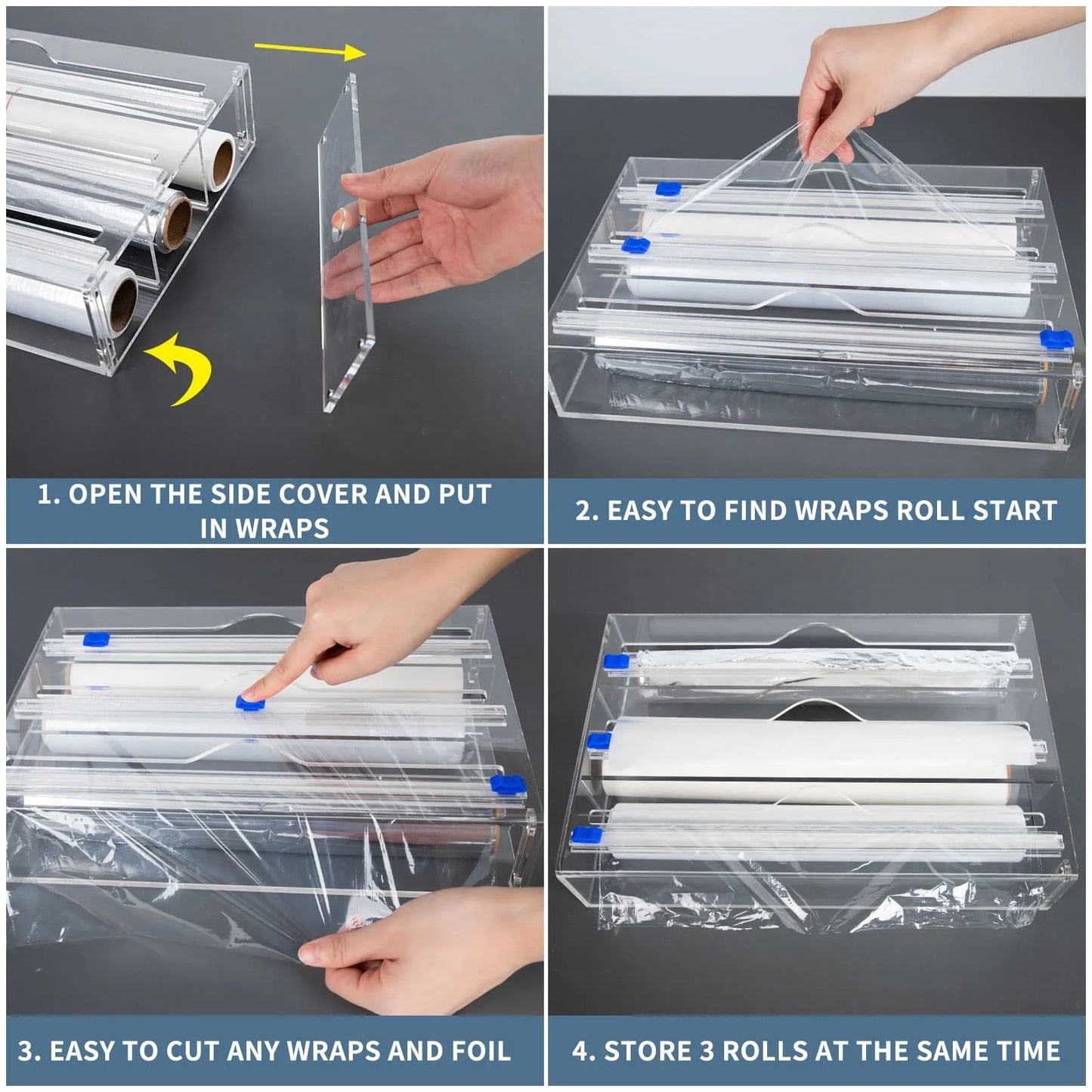 New 3 IN 1 Plastic Wrap Dispenser with Cutter Food Wrap Cling Film Storage Organizer Acrylic Foil Organizer for Kitchen Drawer