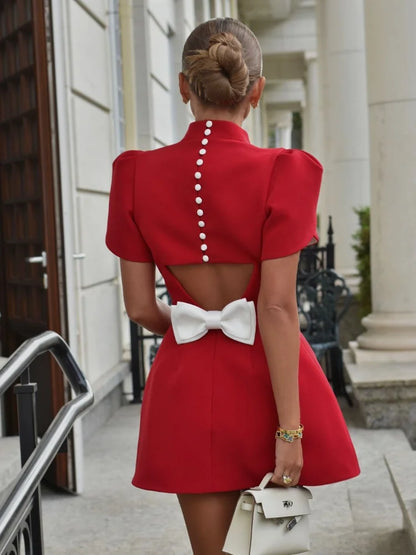 Elegant Women Luxury Formal Hollow Red O-neck Mini Dress Fashion Bow Pad Shoulder Evening Vestidos Ladies Street Party Vestidos