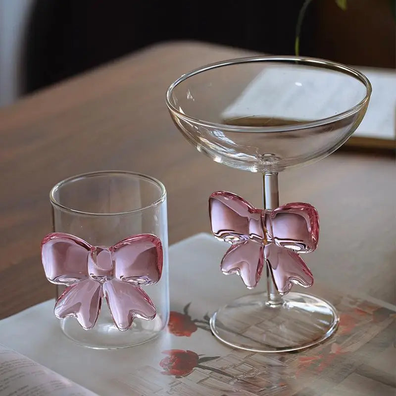 Glass Goblet 3D Pink Bow Teacup Cocktail Mug Dessert Milkshake Glasses French Girl Elegant Afternoon Tea Cup Red Wine Cup Gift