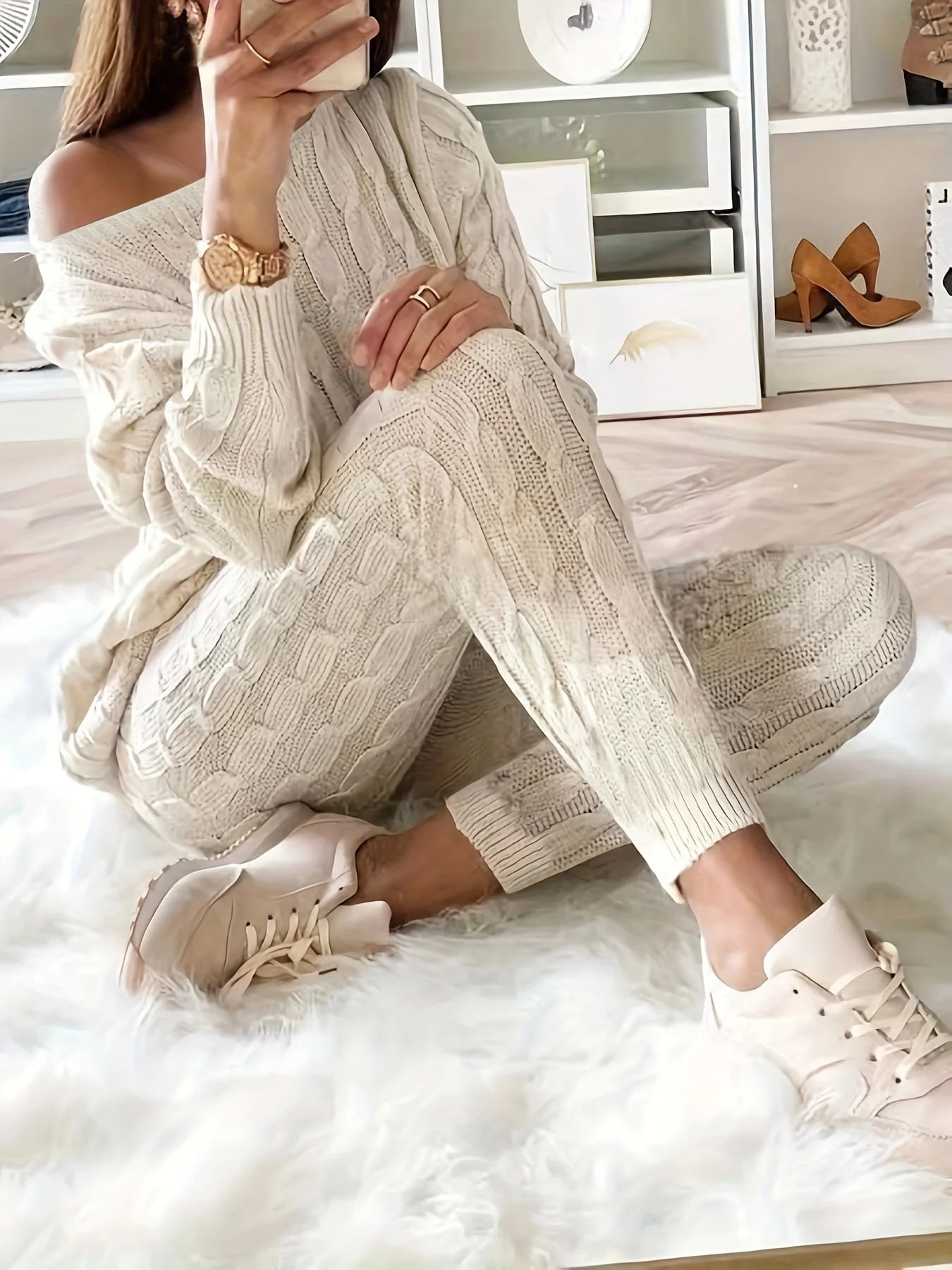 Solid Knitted Matching Two-piece Set  Casual Long Sleeve Sweater & Pants Outfits  Women's Clothing