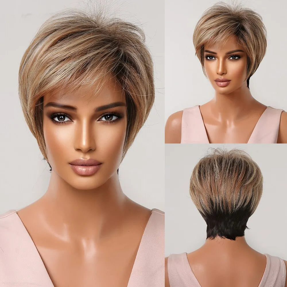 Pixie Cut Wigs for Women Natural Synthetic Short Black Layered Hair Wig with Fluffy Bangs Afro Daily Heat Resistant