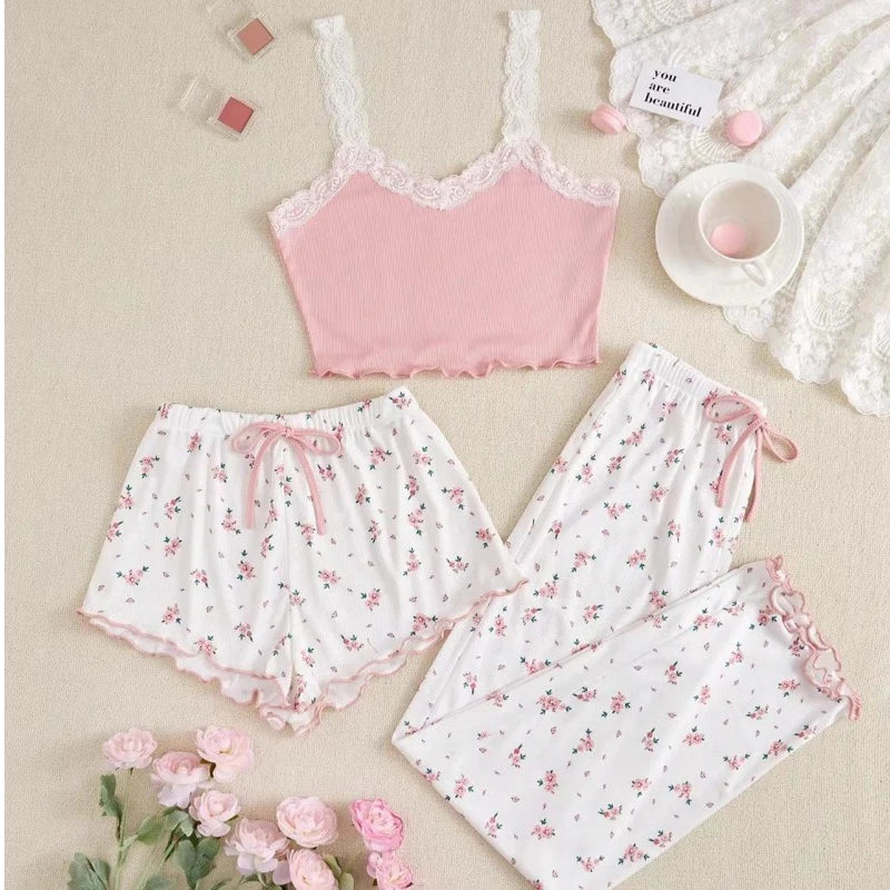 Three Piece Women's Heart-Shaped Printed Vest Shorts and Pants Paired with Ribbed Fabric for Home Casual Women's Sleepwear Set