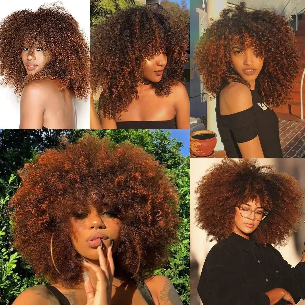 Synthetic Short Afro Kinky Curly Wig With Bangs For Black Women High Temperature Daily Party Headgear with Clips Cosplay