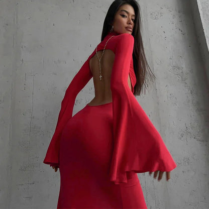 Cryptographic Open Back Sexy Split Maxi Dress Elegant Outfits for Women Chic Flare Sleeve Party Club Fashion Red Dresses Vestido