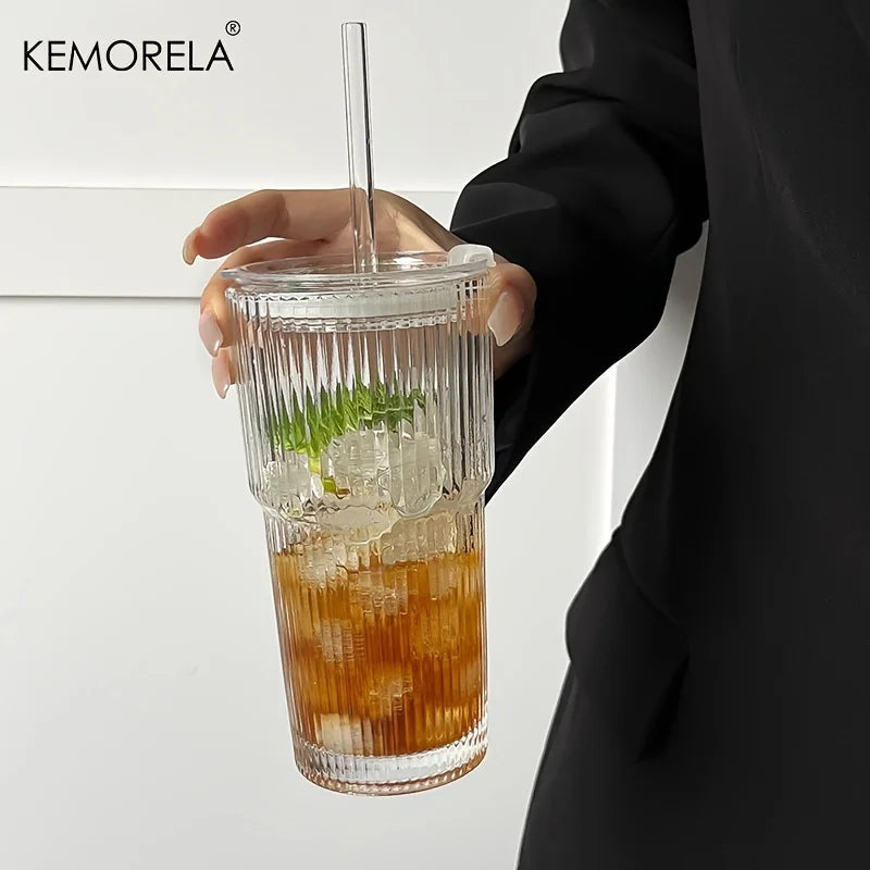 600ML Stripe Glass Coffee Cup With Lid and Straw Transparent Drinking Glasses for Juice Milk Tea Cups Iced Coffee Mugs Drinkware