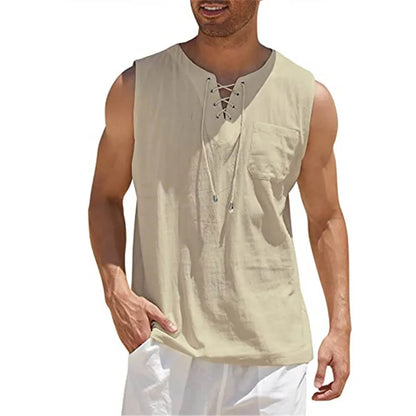 New Mens Summer Tank Tops Cotton Linen Vest Casual Sleeveless Tees Loose Lace Up O-Neck Tops Streetwear