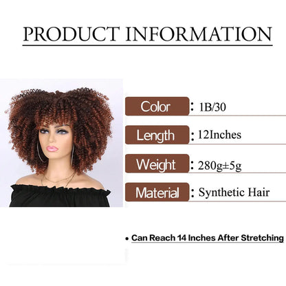 Synthetic Short Afro Kinky Curly Wig With Bangs For Black Women High Temperature Daily Party Headgear with Clips Cosplay