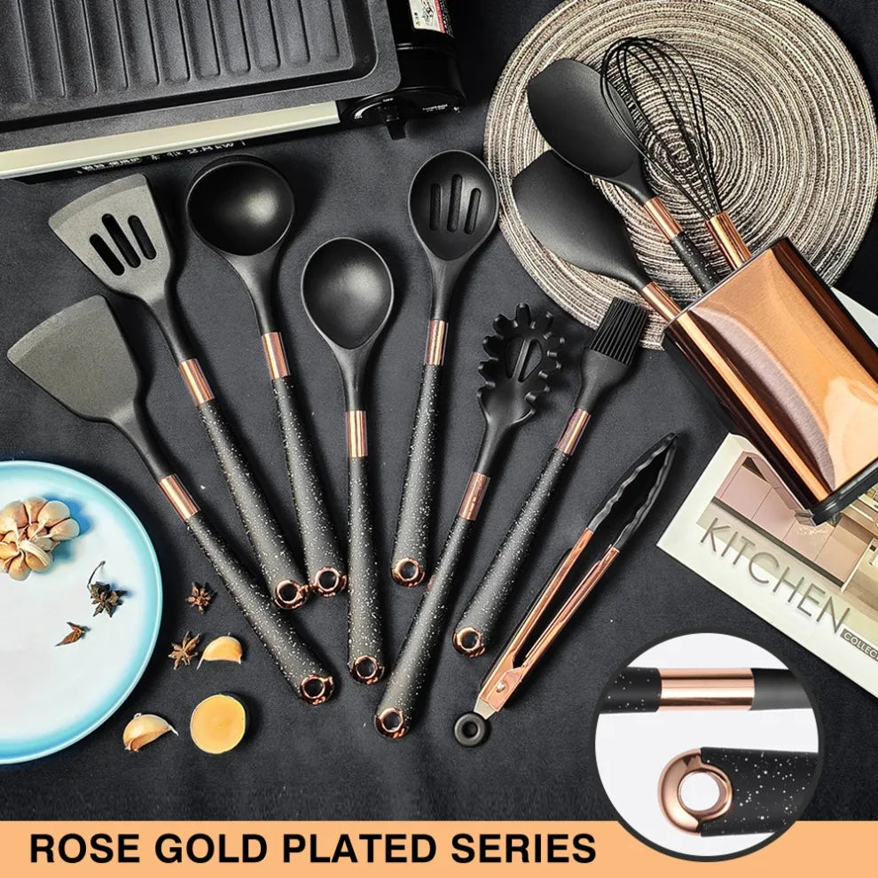 Silicone Cooking Utensils Set Heat Resistant Kitchen Spatula Spoon  Non-Stick Tools Gift With Rose Gold-Plated Handle And Holder