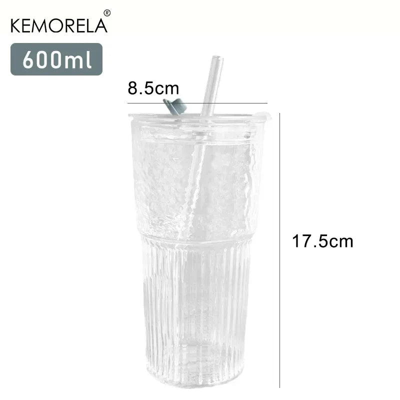 600ML Stripe Glass Cup with Lid and Straw Transparent Drinking Glasses for Juice Iced Coffee Water Cup Outdoor Drinkware Mug