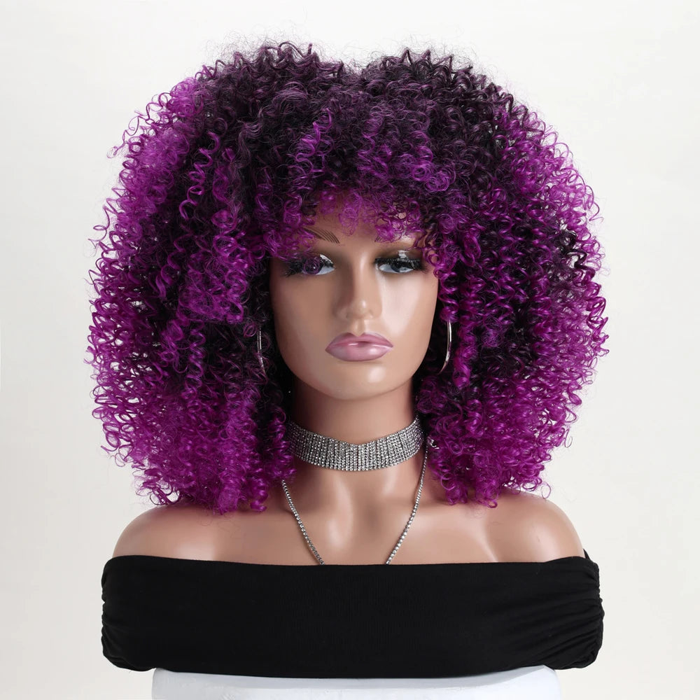 16 Inch Afro Kinky Curly Hair Wigs With Bangs Soft Fluffy Synthetic Fiber None Lace Wigs For Party Cosplay Daily Use