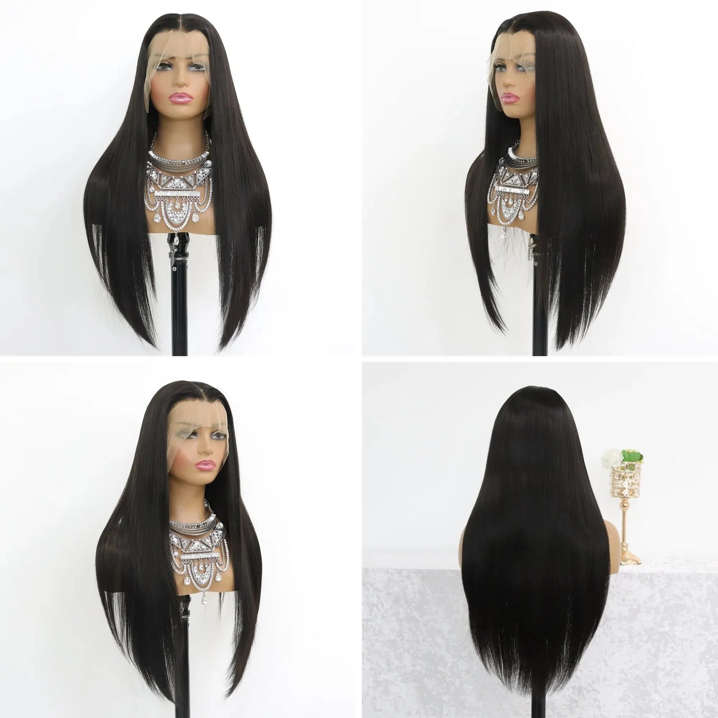 Long Straight Black Lace Front Wig Natural Black Pre Plucked Synthetic HD Lace Front Wig For Women Glueless Heat Resistant Fiber