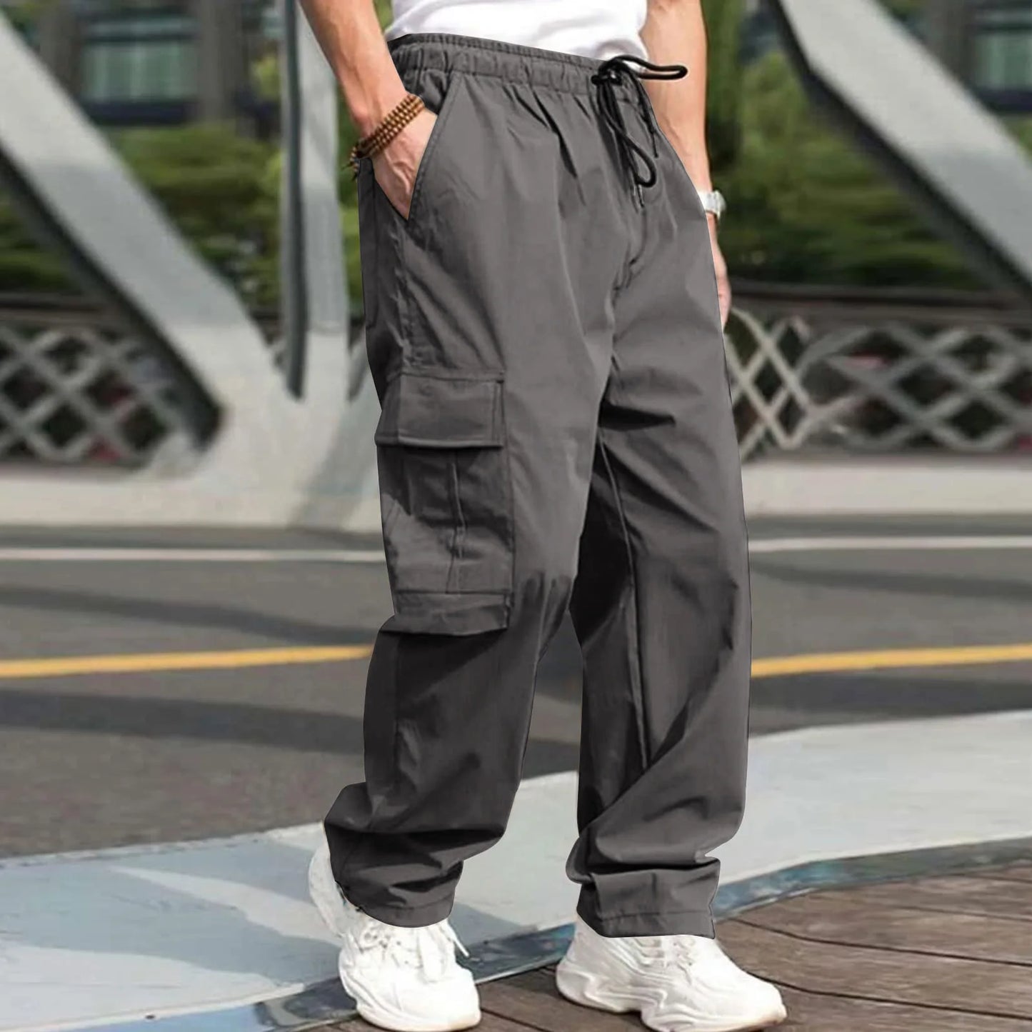 Casual Streetwear Pants Solid Color Cargo Pants Drawstring Design Multi Pocket Loose Baggy Pants for Men's Workwear Trousers