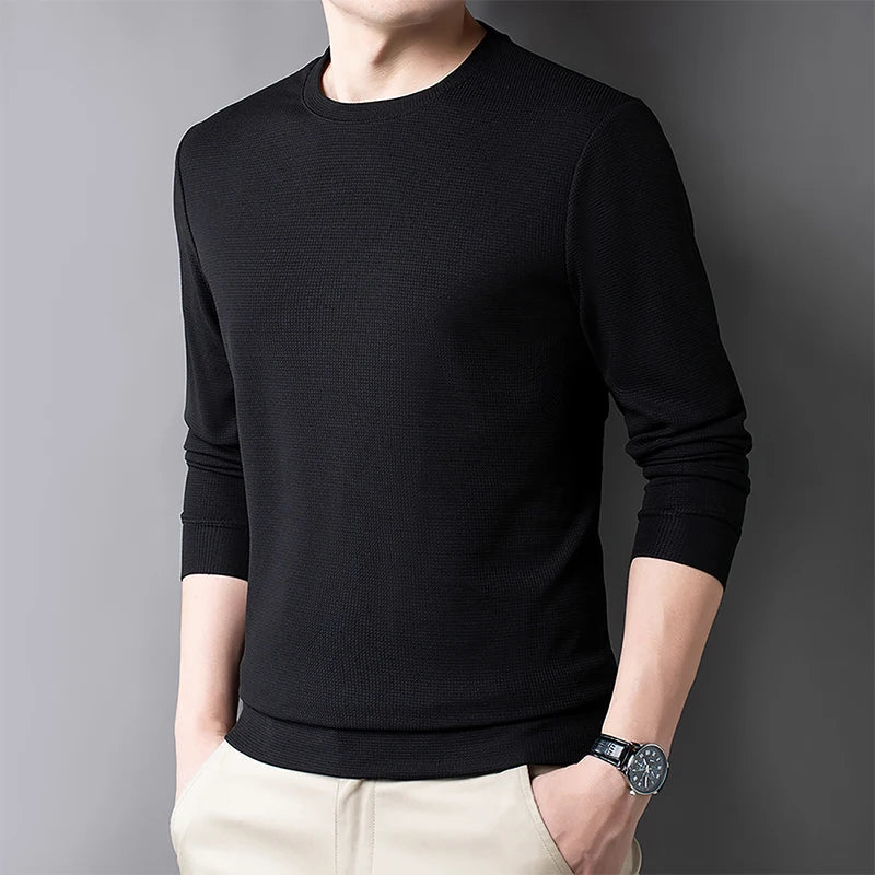 2024 Men's New Waffle Round Neck Long Sleeved T-shirt Summer Comfortable Top