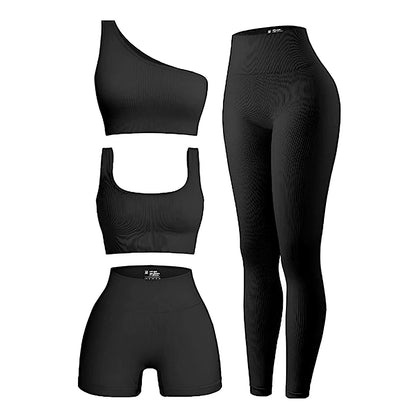 Ensembles d'entraînement 4 pièces pour femmes Leggings côtelés Vêtements Ensembles de yoga Vêtements de sport Ensembles d'entraînement assortis Tenues de gym Pilates