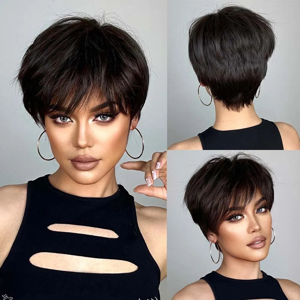 Pixie Cut Wigs for Women Natural Synthetic Short Black Layered Hair Wig with Fluffy Bangs Afro Daily Heat Resistant