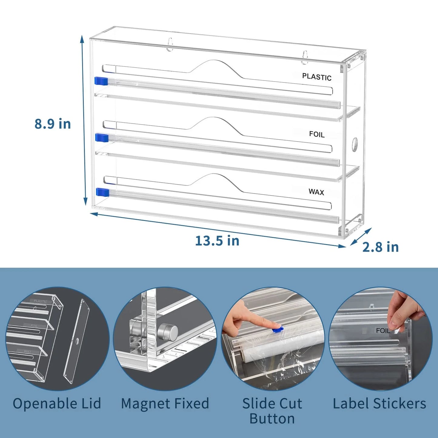 New 3 IN 1 Plastic Wrap Dispenser with Cutter Food Wrap Cling Film Storage Organizer Acrylic Foil Organizer for Kitchen Drawer