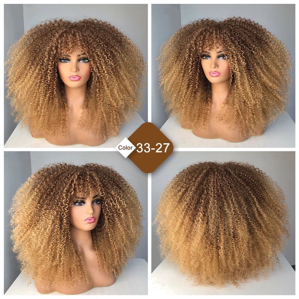 Curly Wig With Bangs Afro Curly Wigs for Black Women Synthetic Fiber Fluffy Long Curly Wig for Daily Party Cosplay