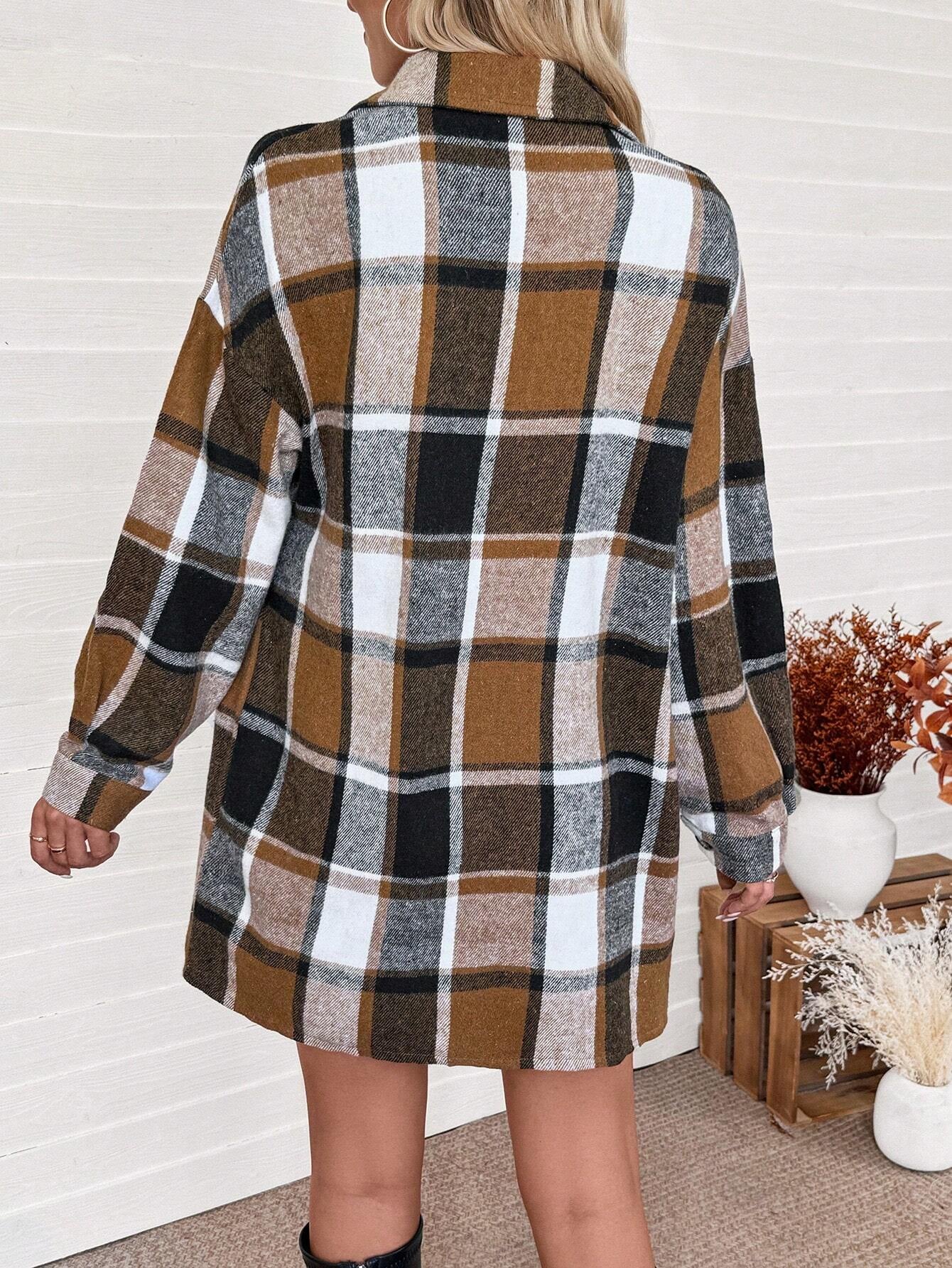 Privé 2Pcs Casual Outfit: Front Button Long Sleeve Plaid Top & Mini Skirt Set