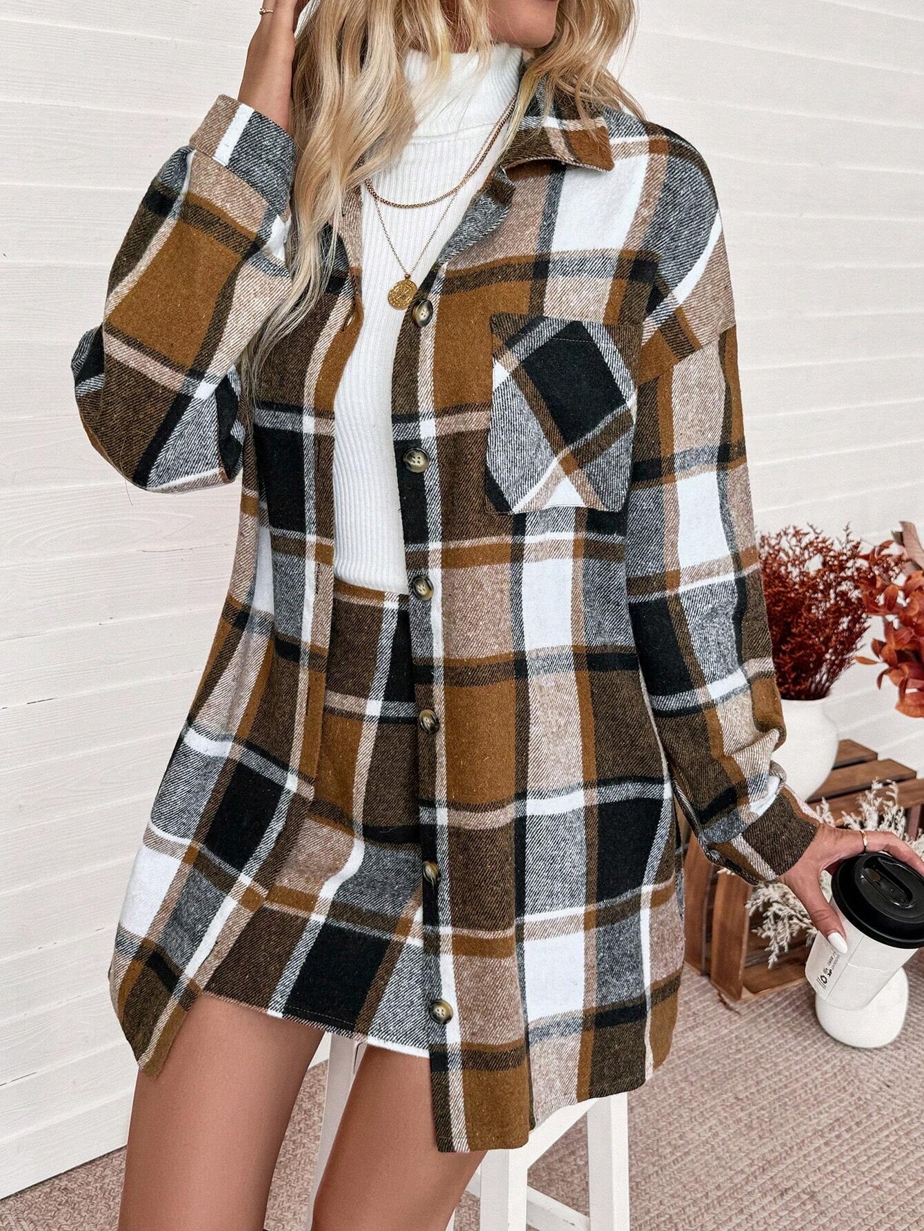 Privé 2Pcs Casual Outfit: Front Button Long Sleeve Plaid Top & Mini Skirt Set