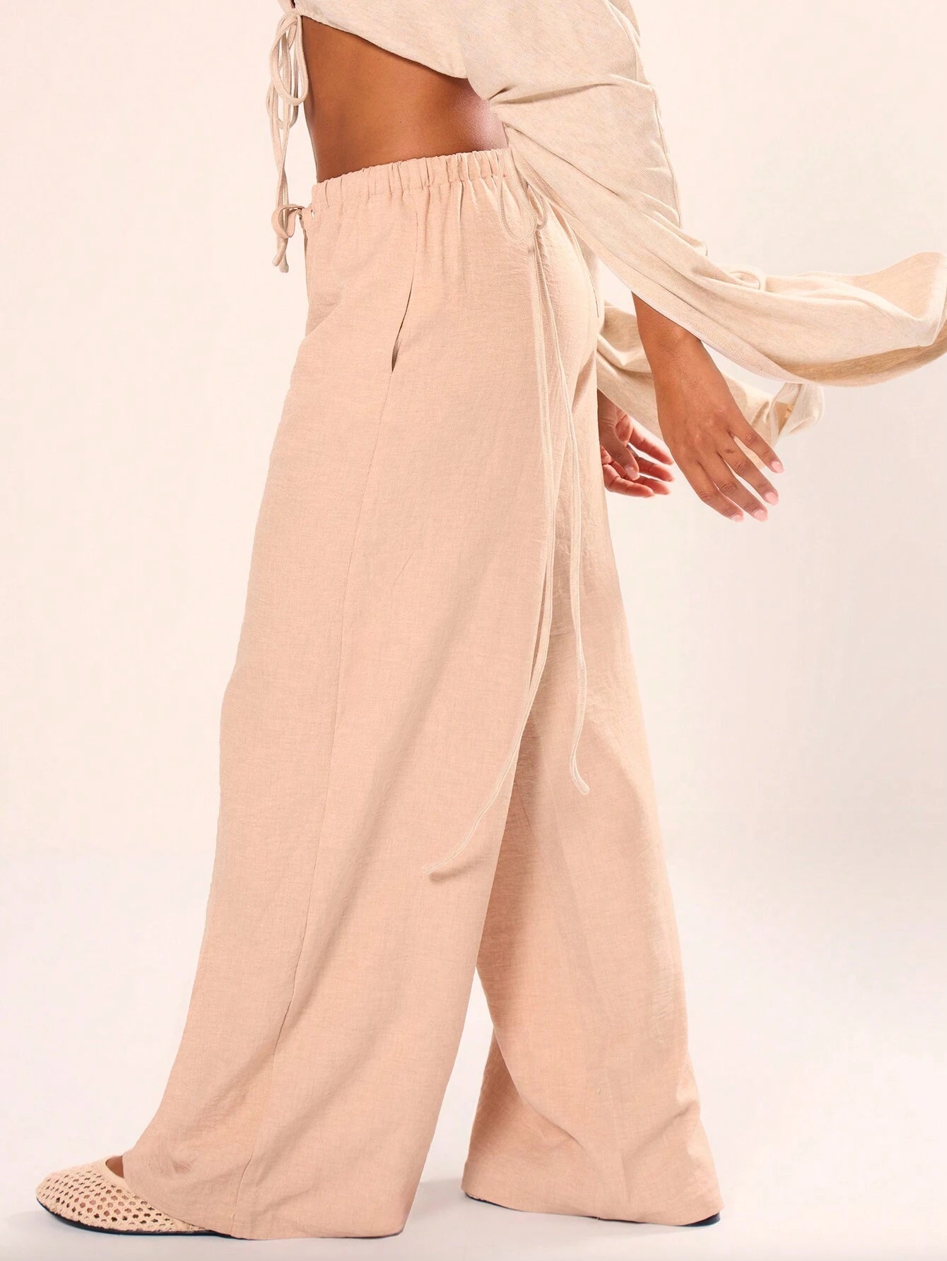 MUSERA Summer Textured Linen Feel Tie Waist Trouser