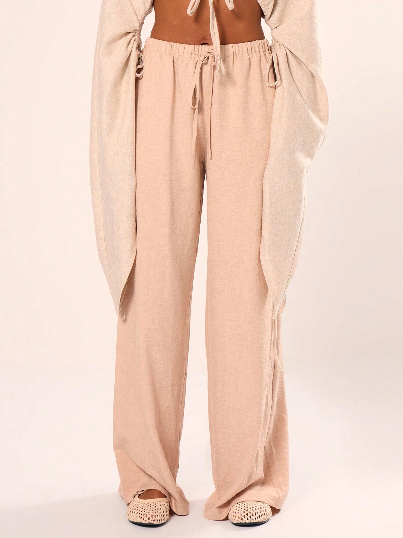 MUSERA Summer Textured Linen Feel Tie Waist Trouser